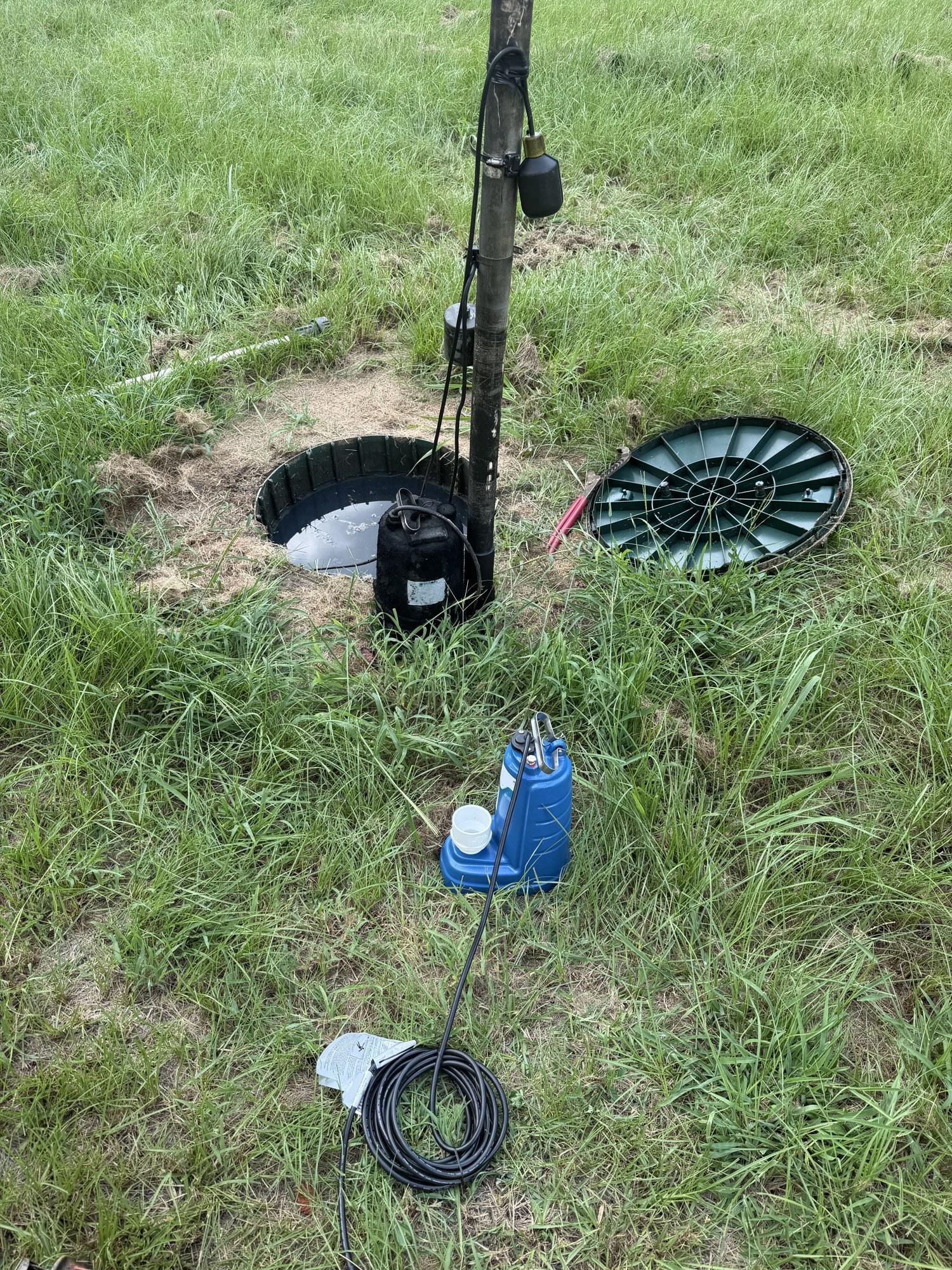 Septic pump, float and riser lid during an alarm repair